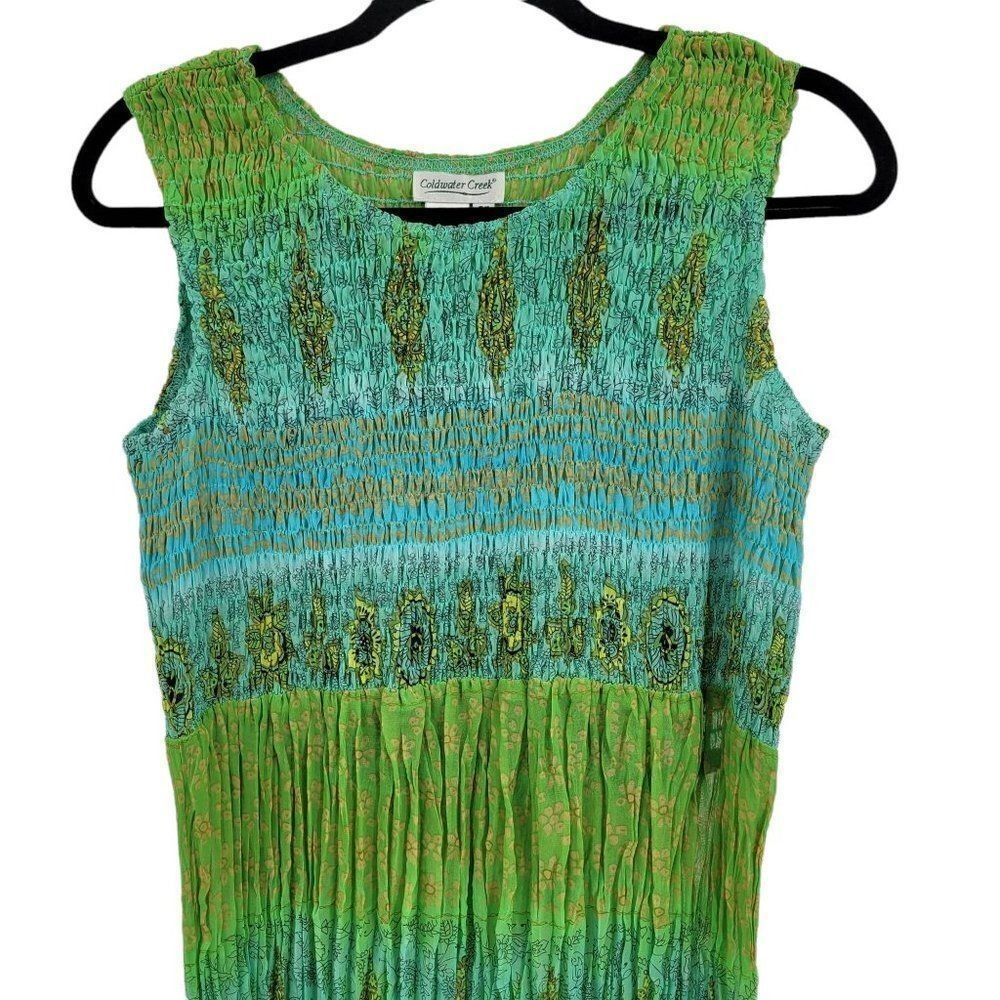 Vtg 90s Festival Smocked Crinkle Colorful Maxi Dress Sz 6P Blue Paisley Stretch - Picture 5 of 12